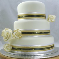 Wedding Cake - Gold Trimmed Roses and Ribbon
